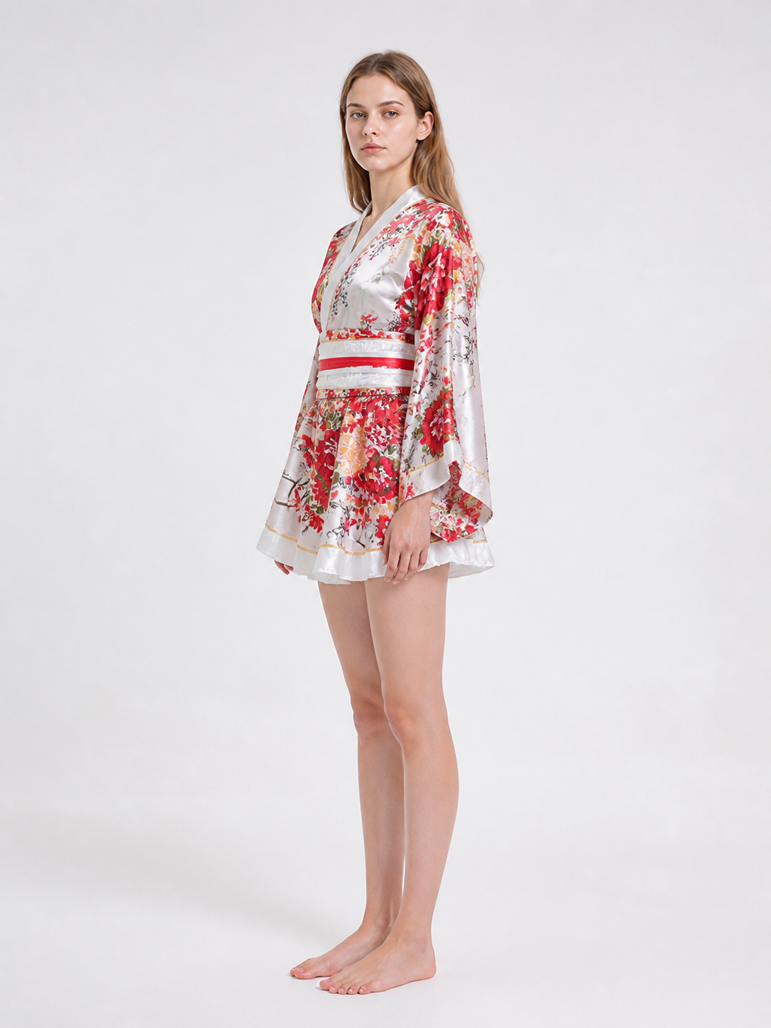 Wrap-style kimono with a full skirt and belt, peony print side view
