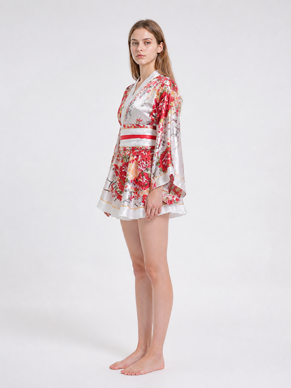 Wrap-style kimono with a full skirt and belt, peony print side view