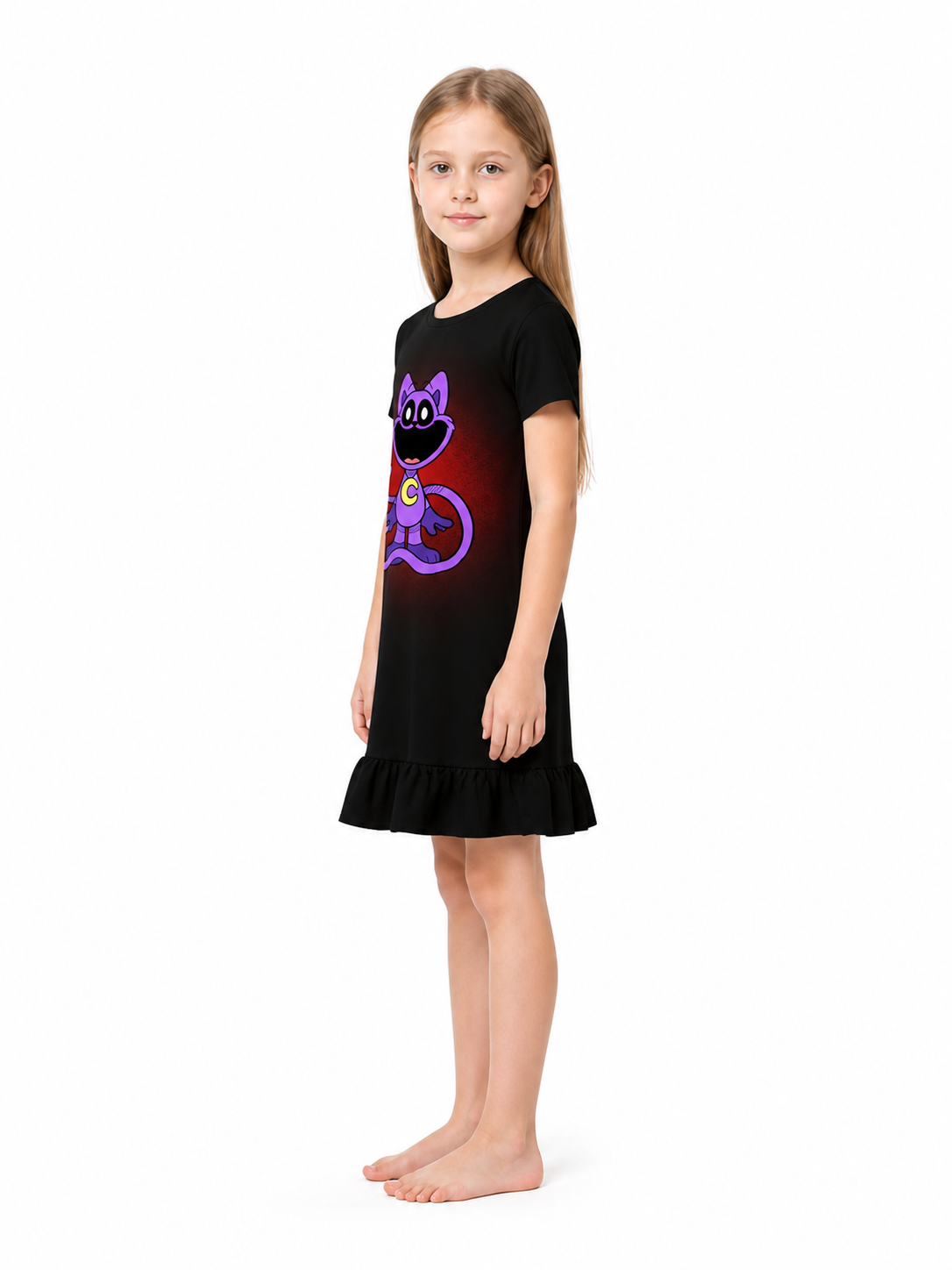 Black Cosplay Dress with Cat Print and Ruffle side view