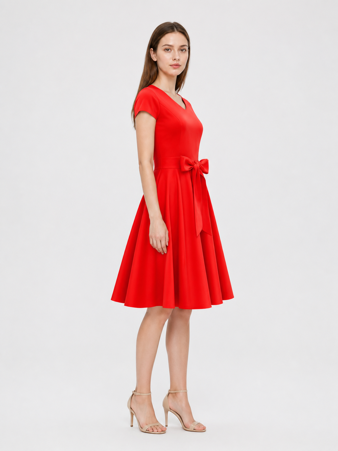 Red Dress with a V-Neck, Bow, and Ribbon side view