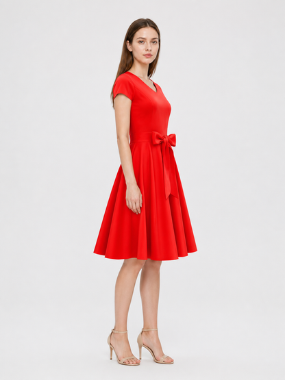 Red Dress with a V-Neck, Bow, and Ribbon side view