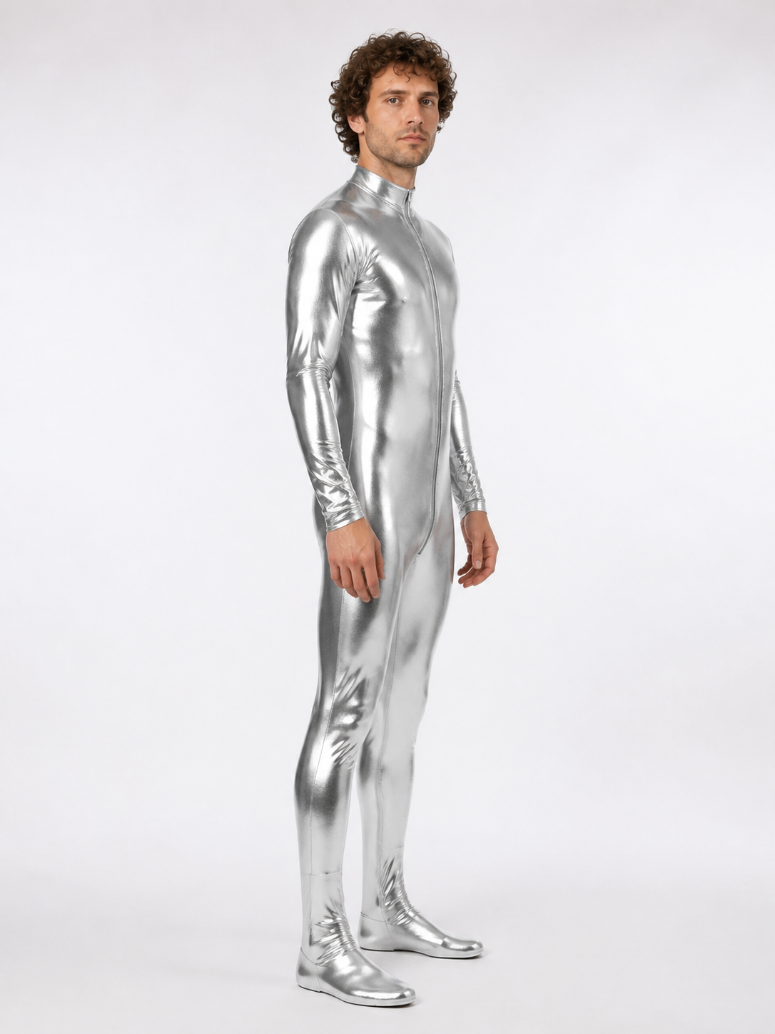 Glossy Silver Stage Jumpsuit side view