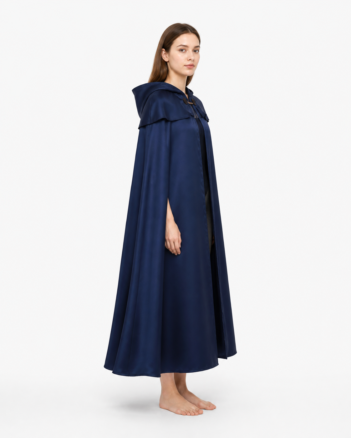 Long Hooded Cape, Dark Blue side view