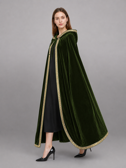 Green costume cloak with hood, gold trim