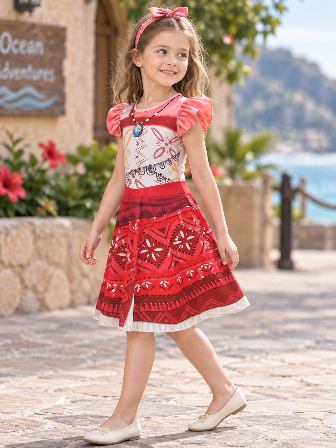 Girls' A-Line Dress with Geometric Print and Ruffles