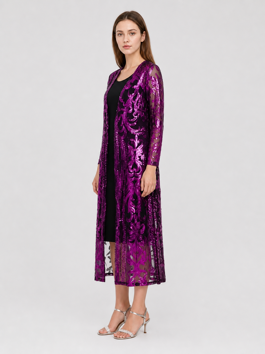Long Sequin Dress with Sheer Hem