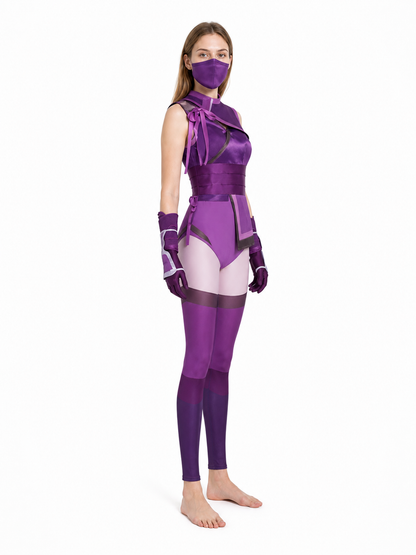 Ninja cosplay costume with cape, gloves, and mask side view