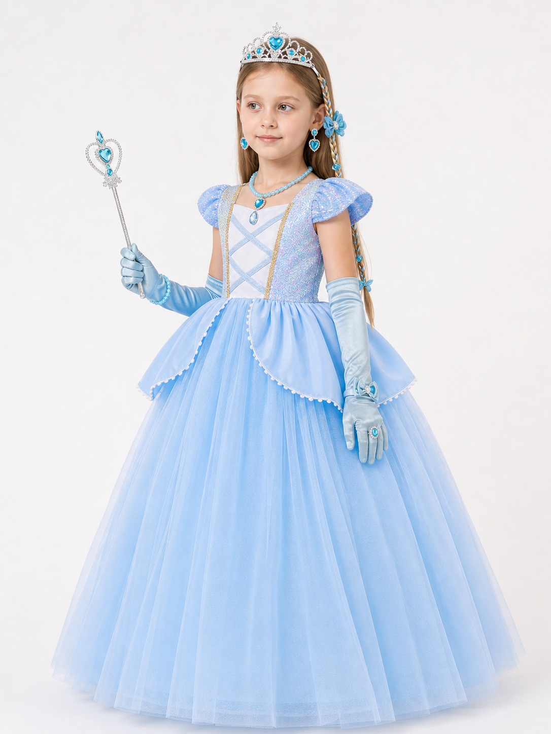 Children’s Halloween costume with a full skirt dress and crown side view