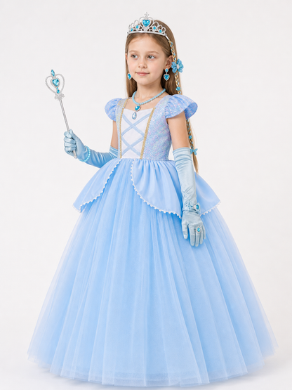 Children’s Halloween costume with a full skirt dress and crown side view