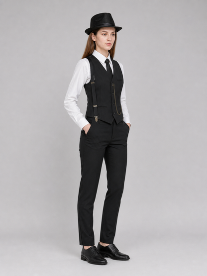 Vintage costume designed in a formal style with retro and gangster-inspired elements. The set includes a white long-sleeve shirt with a collar, a black button-front vest with lapels, a breast pocket, and lower pockets, as well as a black ne
