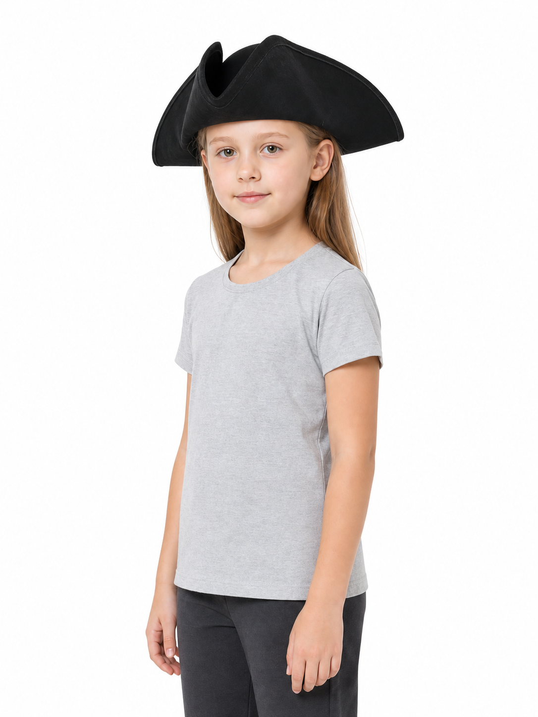 Children's Pirate Hat, Black Wide-Brim Tricorn Style Costume Hat with Turned-Up Sides, Pointed Crown Sections and Stitched Edging for Dress-Up Play and Costume Parties