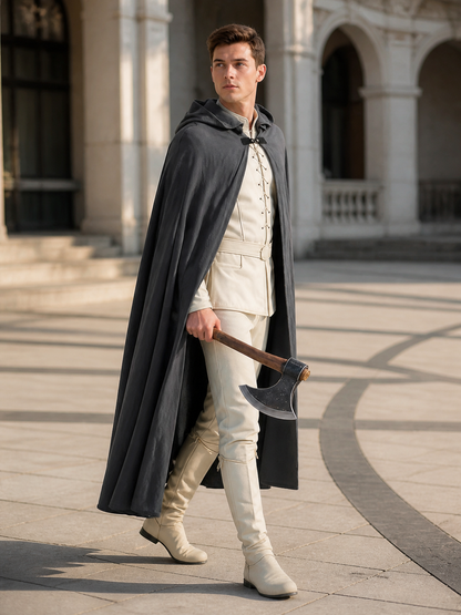 Adult Fantasy Hooded Cape, Long Dark Gray Cloak With Front Tie Closure, Wide side view 3
