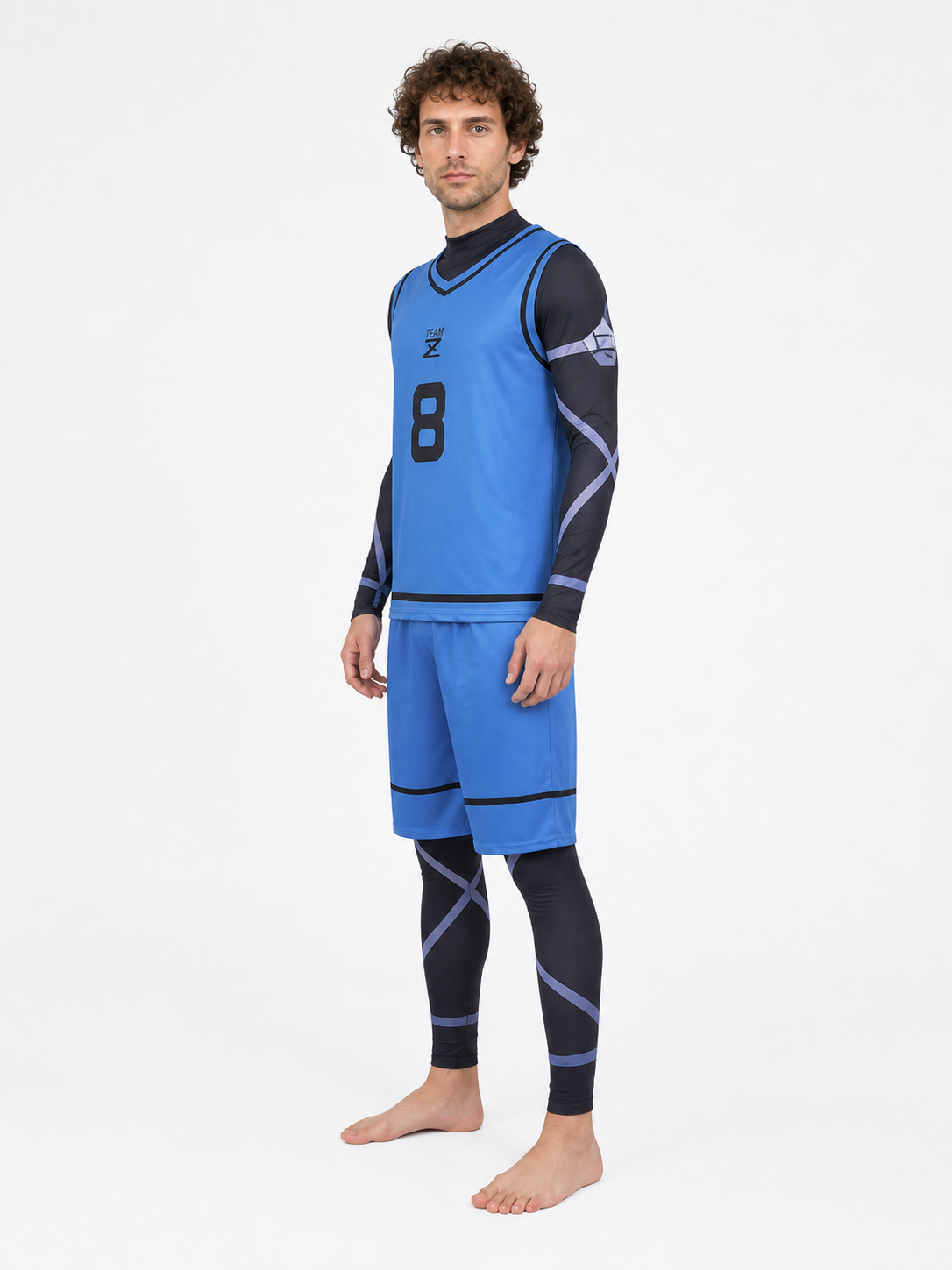 Blue Lock cosplay costume, blue, with number 8 and stripes side view