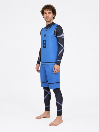 Blue Lock cosplay costume, blue, with number 8 and stripes side view