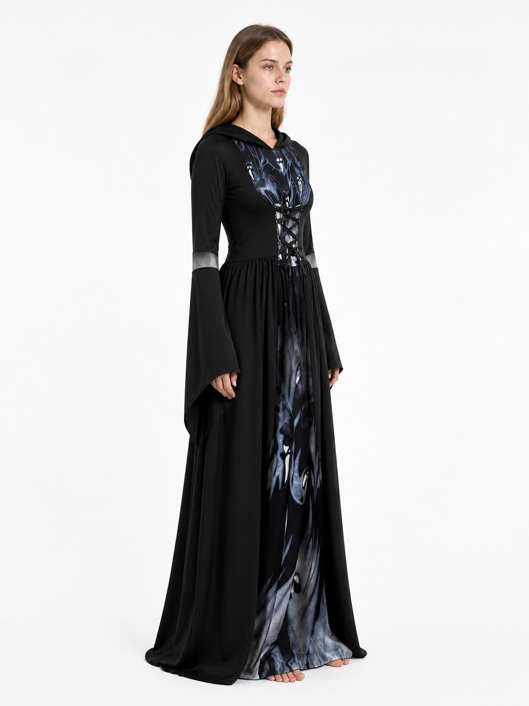 Skull-Print Hooded Dress with Lace-Up Front side view