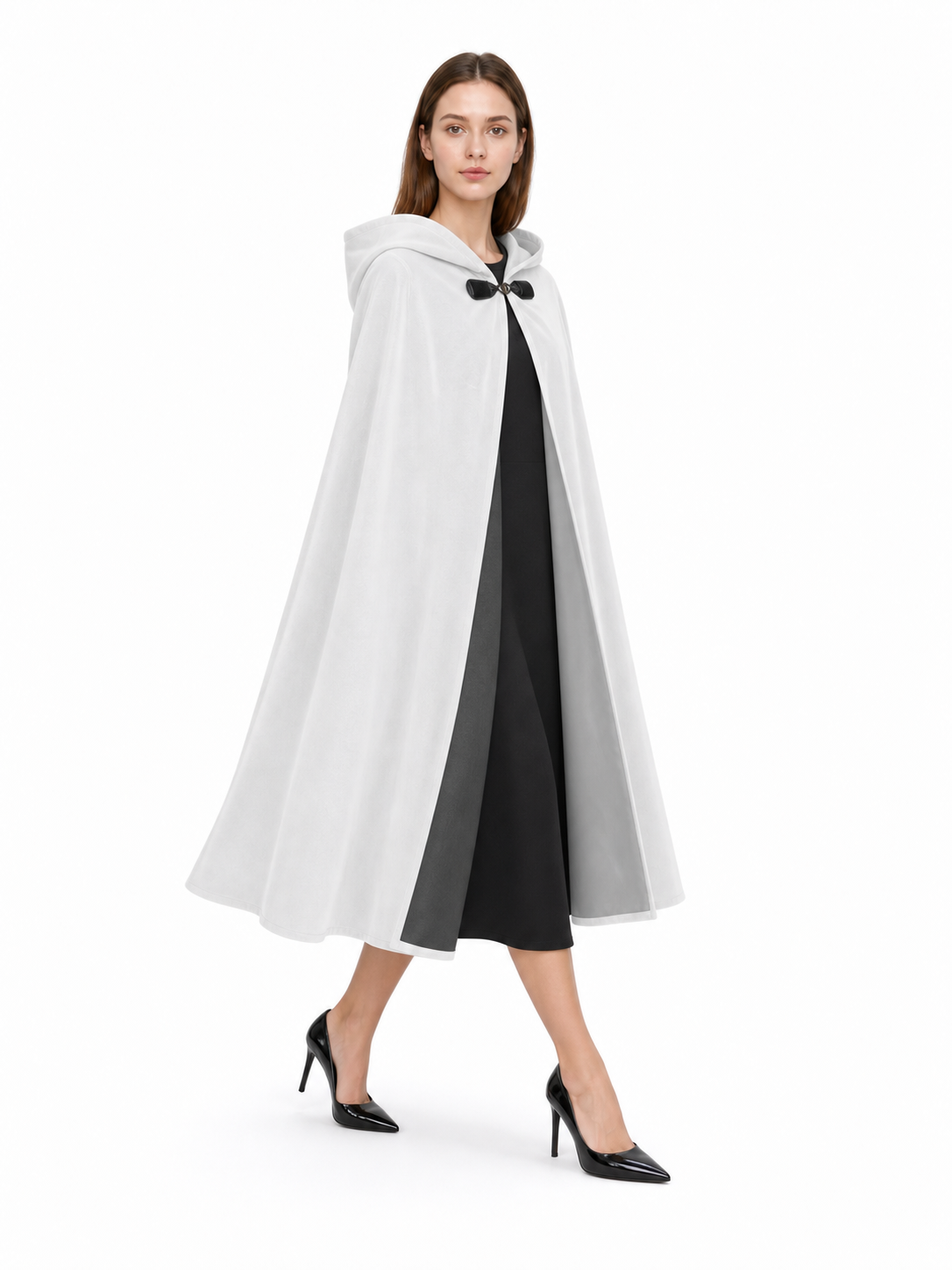 Medieval White Velvet Hooded Long Cloak Cape with Black Bow Tie Front Flared Hem