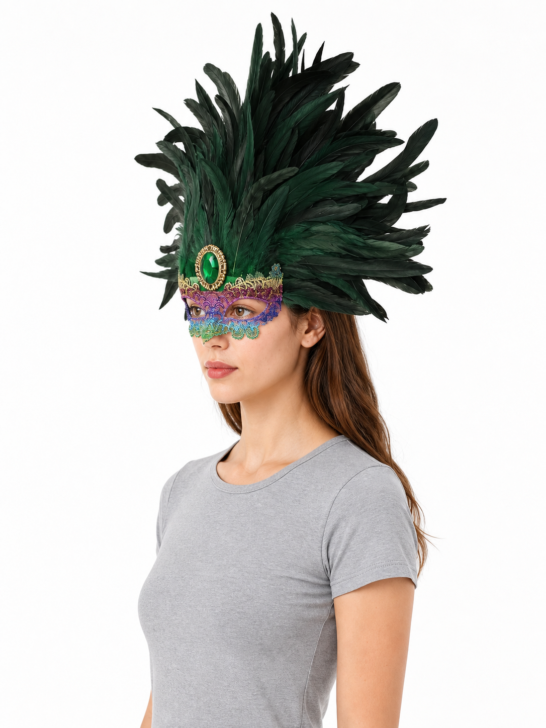 Masquerade headdress with green feathers