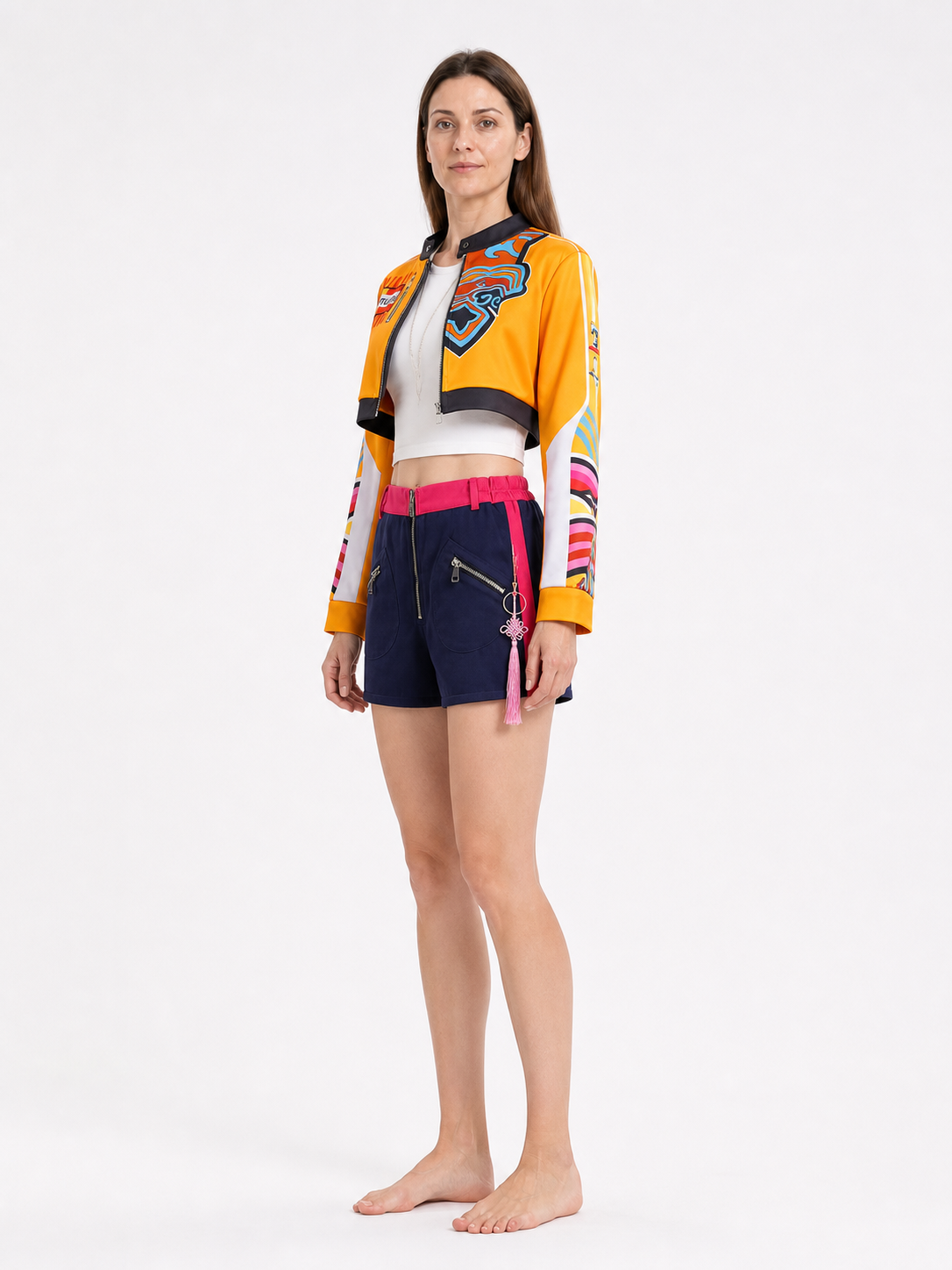 Rumi Cosplay Costume with Orange Jacket and Blue Shorts side view