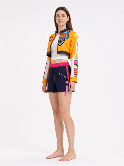 Rumi Cosplay Costume with Orange Jacket and Blue Shorts side view