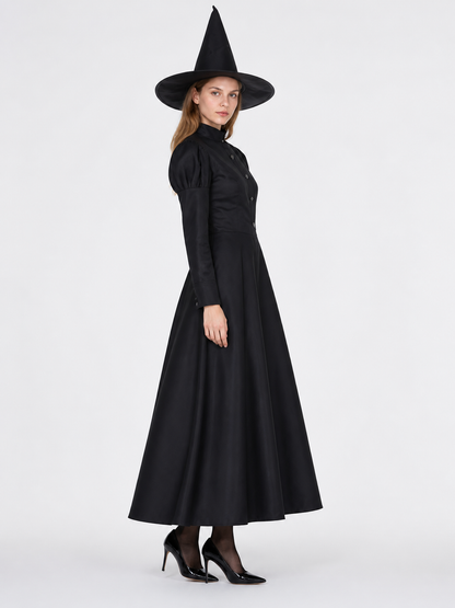 Black Witch Costume with Dress and Pointed Hat side view