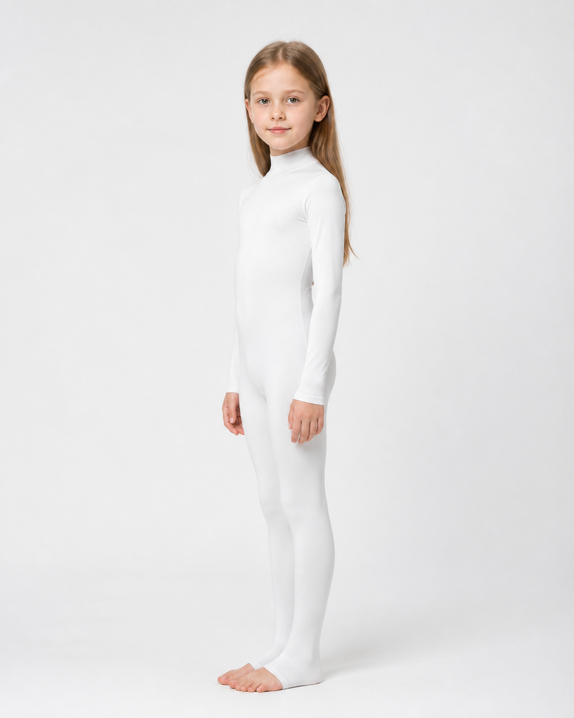 White form-fitting bodysuit with a hood and open face side view