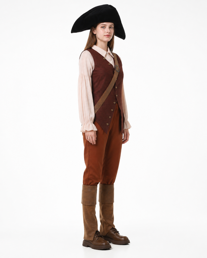 Pirate costume with vest, pants, and wide-brimmed hat side view