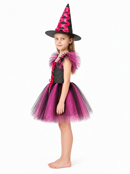 Children’s Witch Costume with Dress and Hat, Pink and Black side view