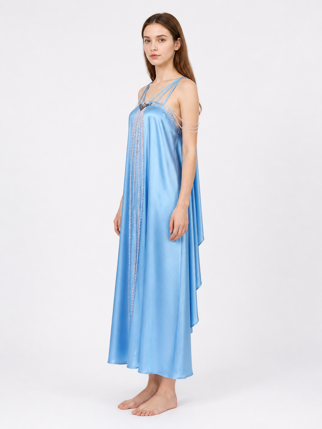 Long Light Blue Dress with Thin Straps side view