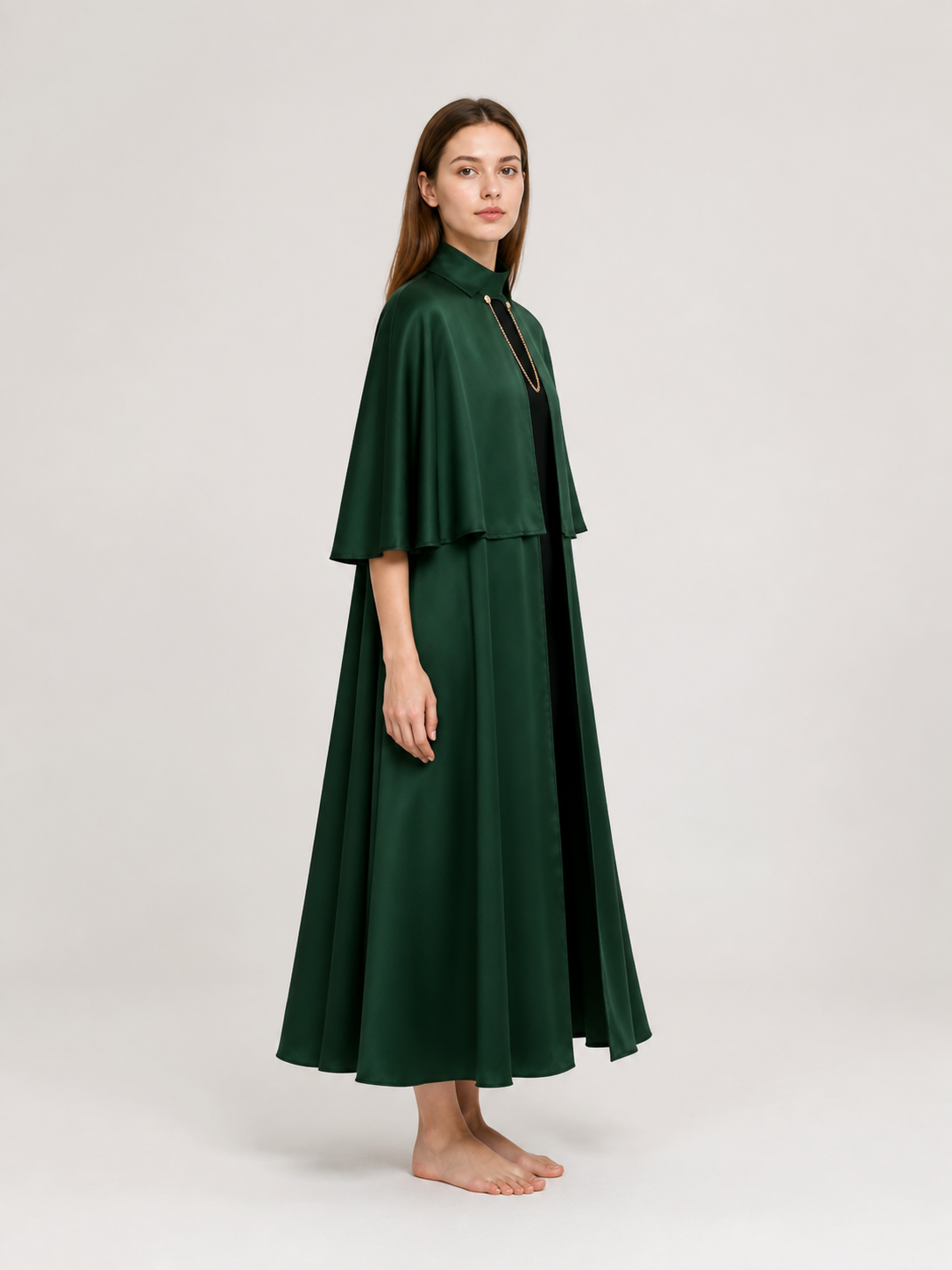 Cape Cloak with Stand Collar and Gold-Tone Chain side view