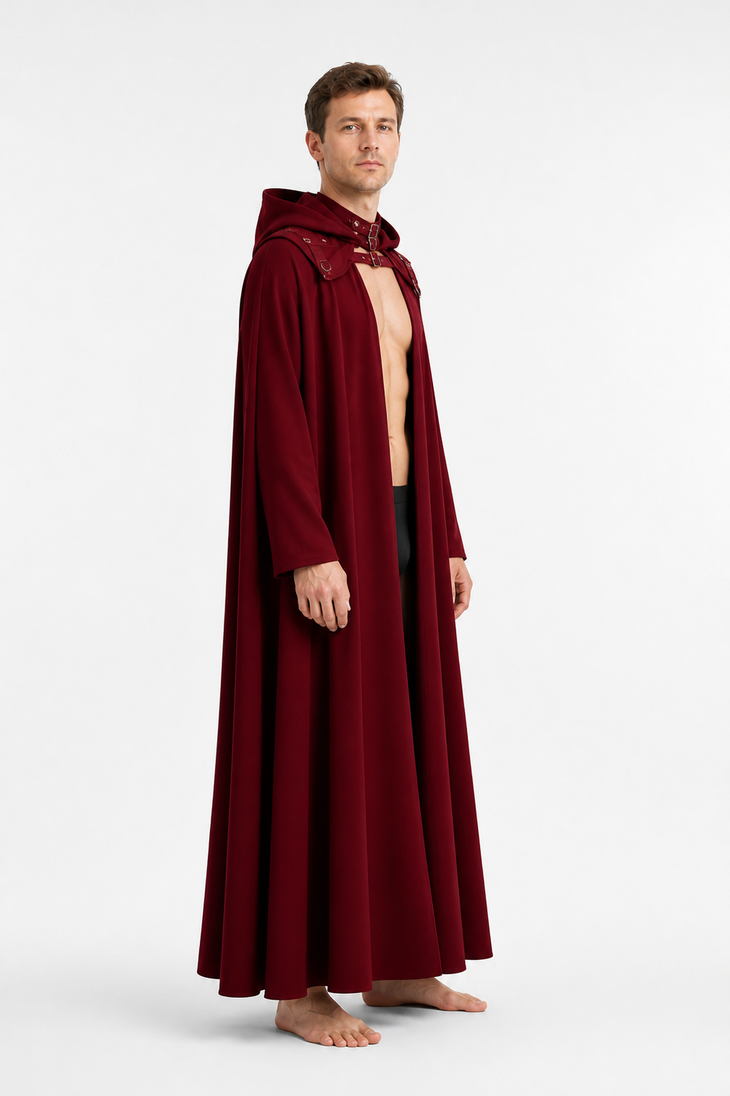 Long Dark Red Hooded Cloak with Rings side view