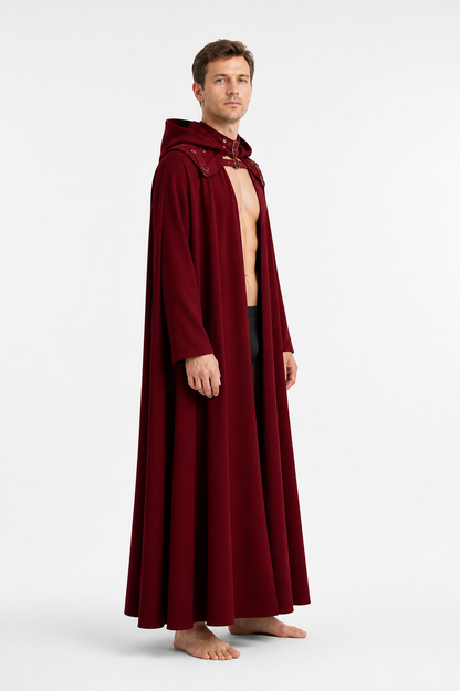 Long Dark Red Hooded Cloak with Rings side view