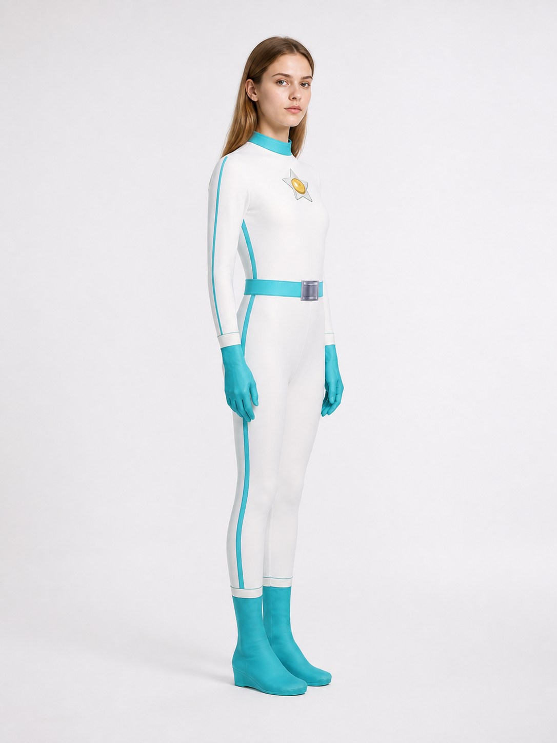 Princess Peach Cosplay Jumpsuit, White with Turquoise side view