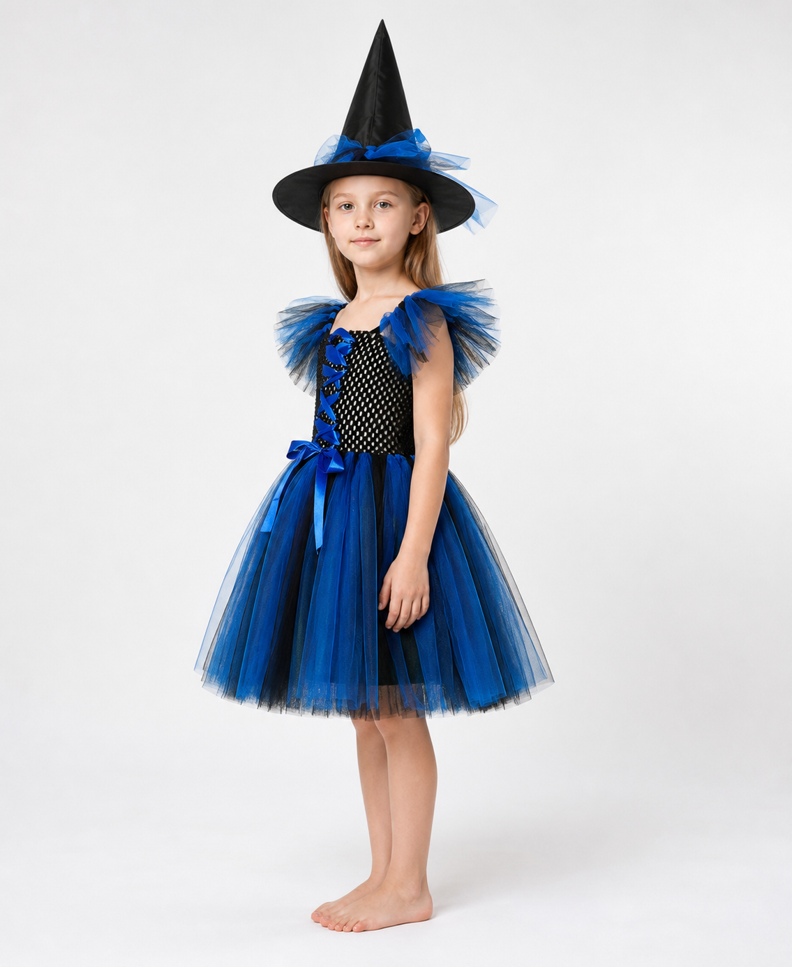 Blue and Black Witch Costume with Full Skirt and Hat side view