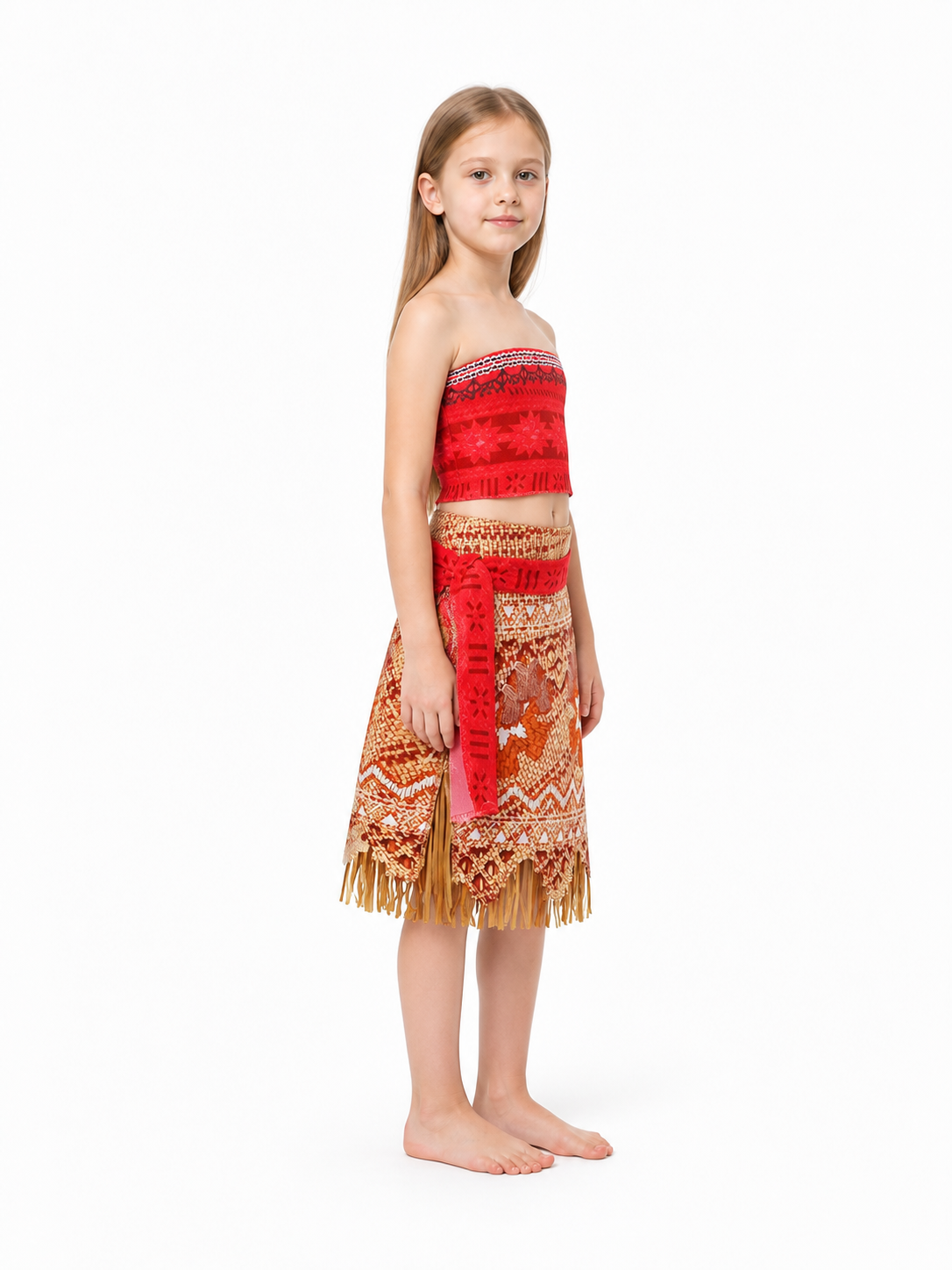 Moana Costume with Red Top and Fringed Skirt side view