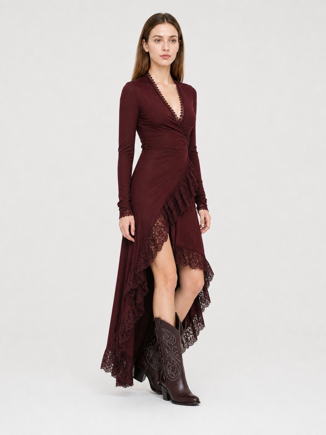 Burgundy Dress with a Deep V-Neckline and Lace Trim