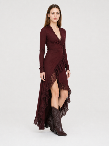 Burgundy Dress with a Deep V-Neckline and Lace Trim