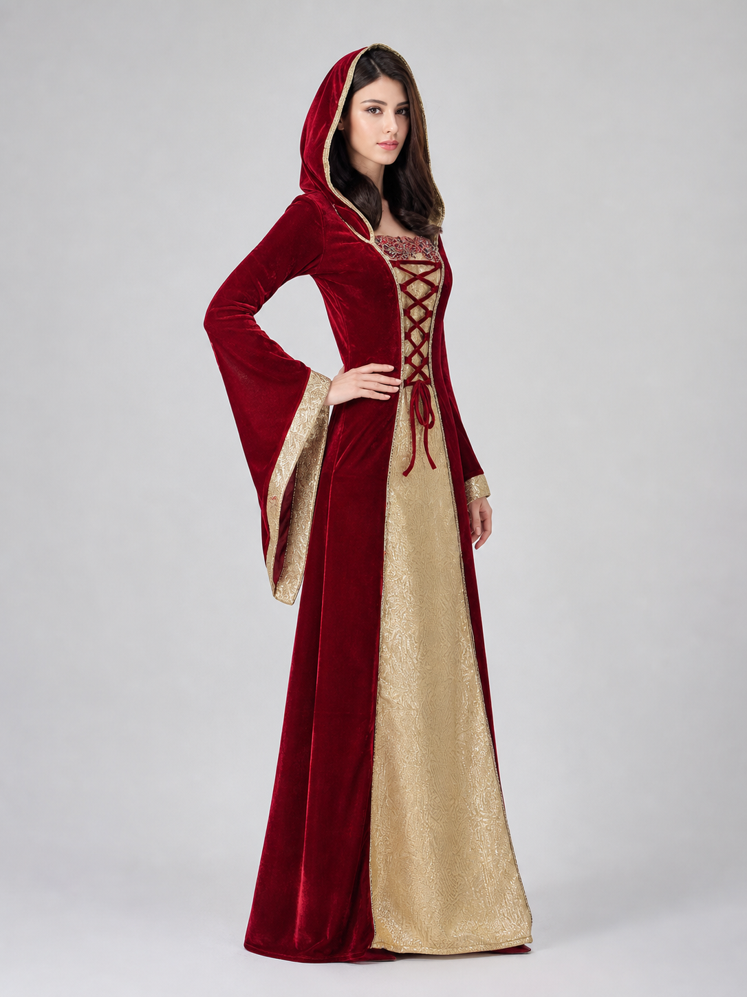 Red Carnival Dress with Hood and Lacing