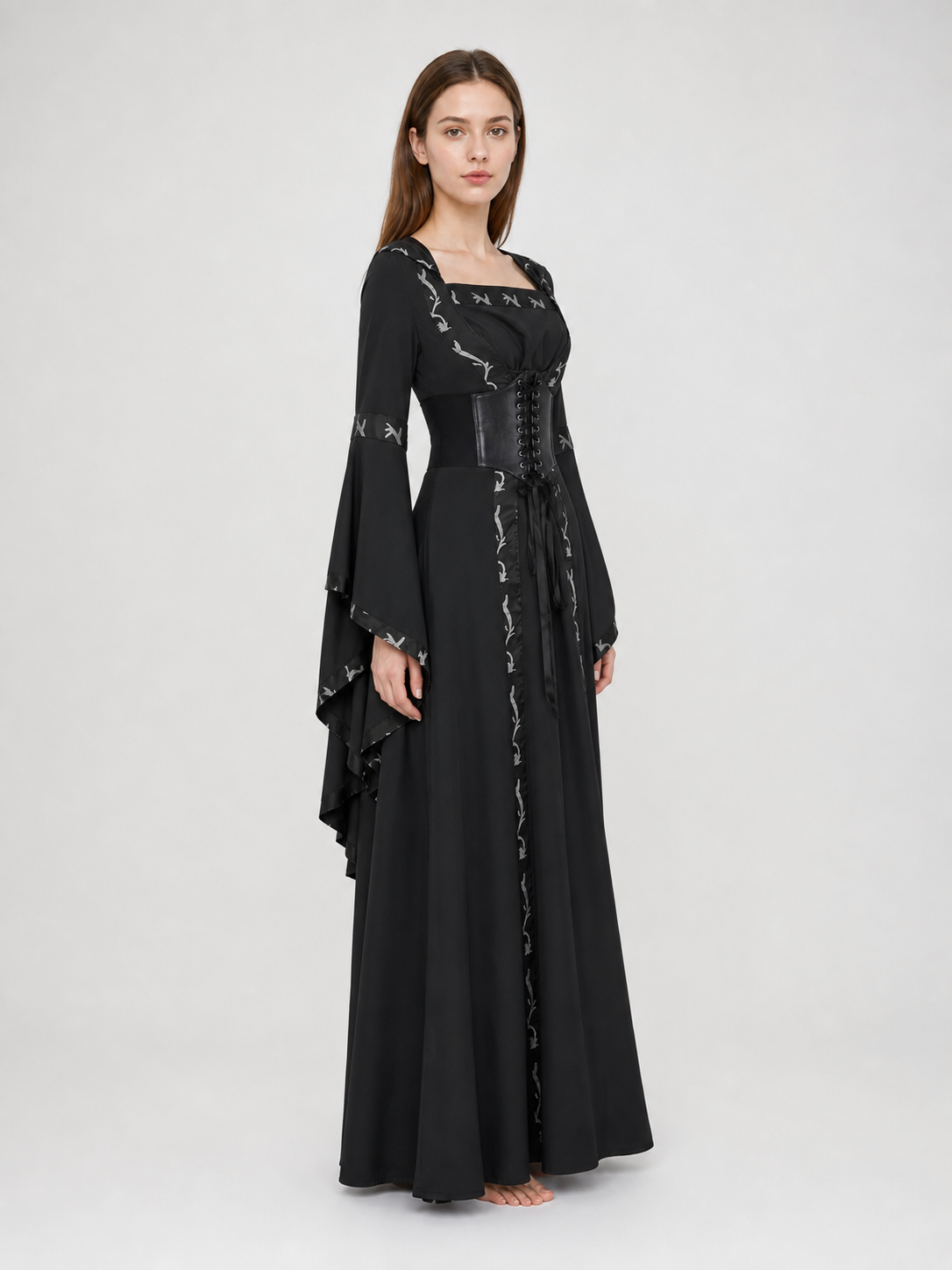 Gothic Long Hooded Dress with Lacing