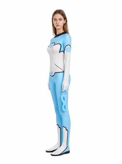 Cosplay jumpsuit with a light blue, white, and black mask side view