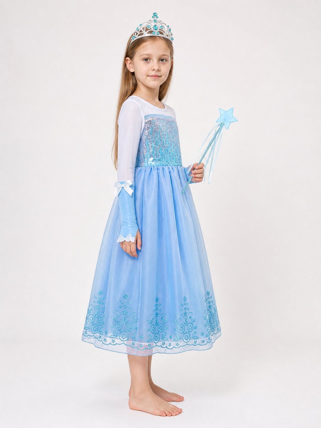 Blue Girls' Dress with Sequins and Crown side view