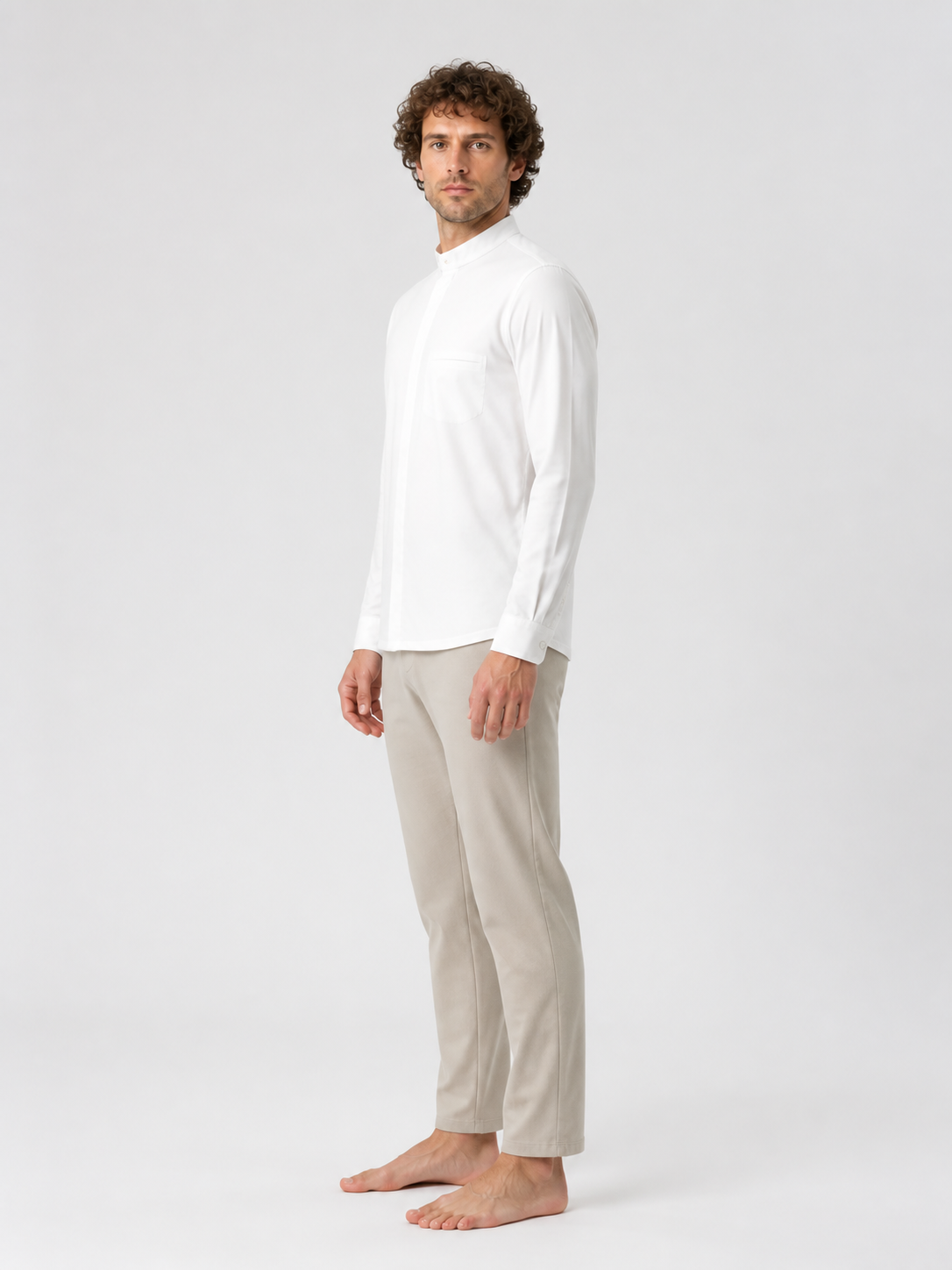White Shirt with Stand Collar and Long Sleeves side view