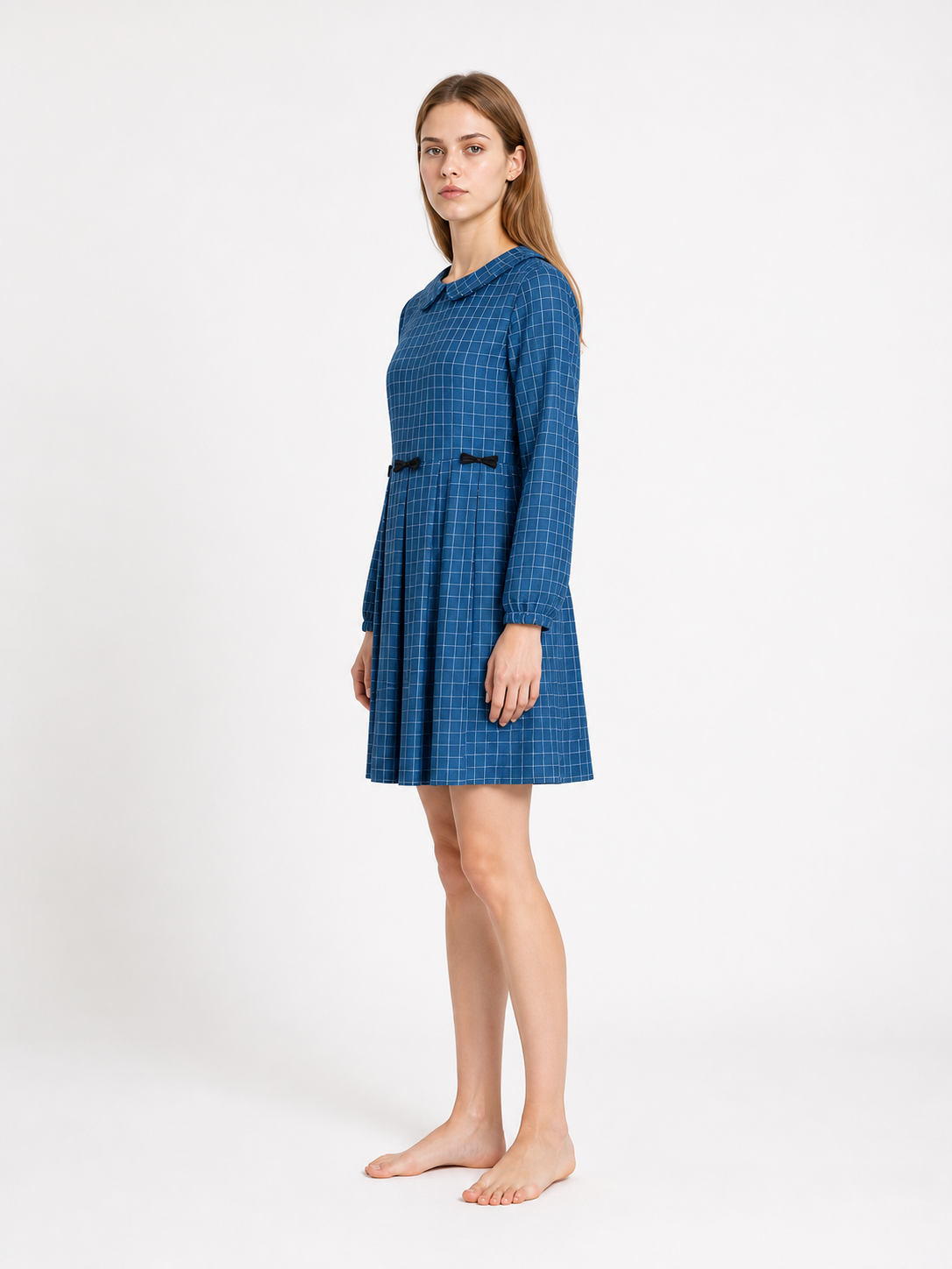Blue Plaid Dress with Bows and Long Sleeves