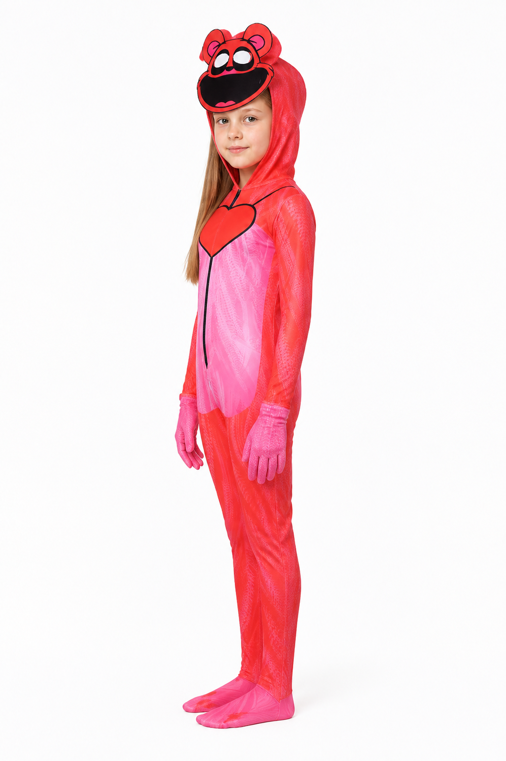 Pink Poppy Playtime Jumpsuit with Hood and Heart side view