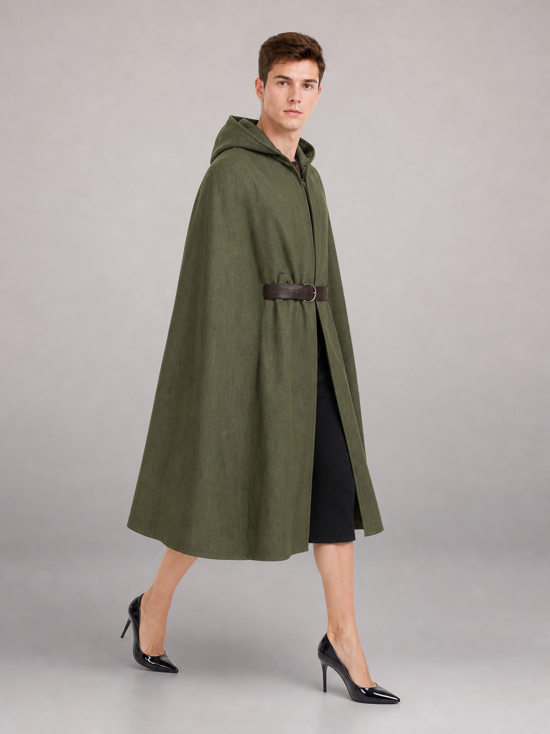 Medieval Fantasy Role Play Costume Set, 2-Piece Olive Green Hooded Sleeveless