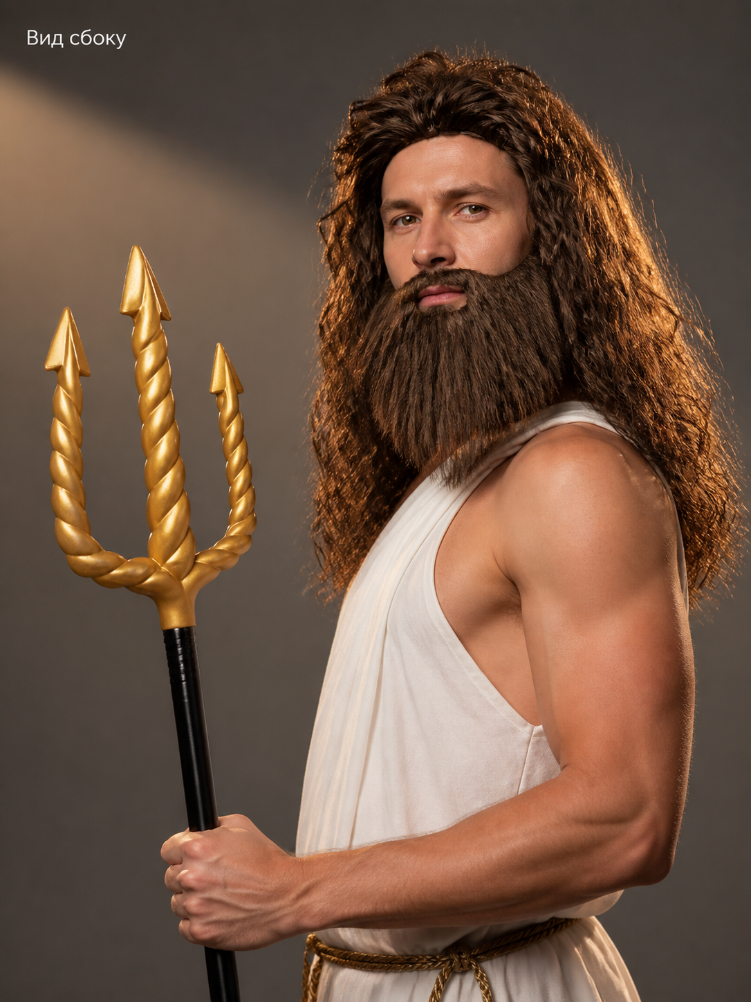 Information card showing a side view of a man wearing a long brown wig and beard beside a golden trident