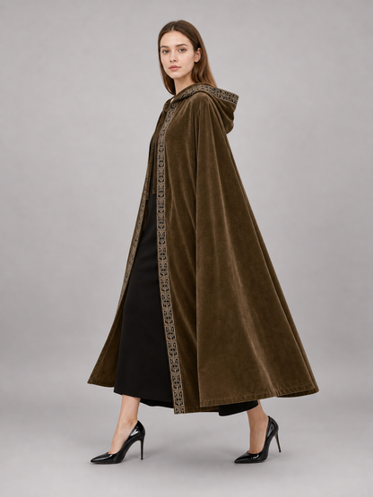 Long Hooded Robe, Brown, Loose Fit side view