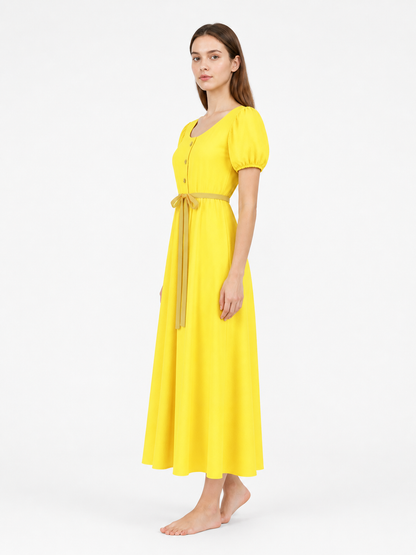 Long Yellow Button-Front Dress with Drawstring side view