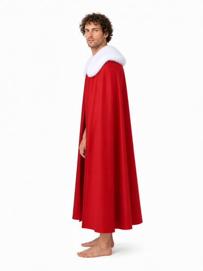 Long Red Cape with a White Fluffy Collar side view