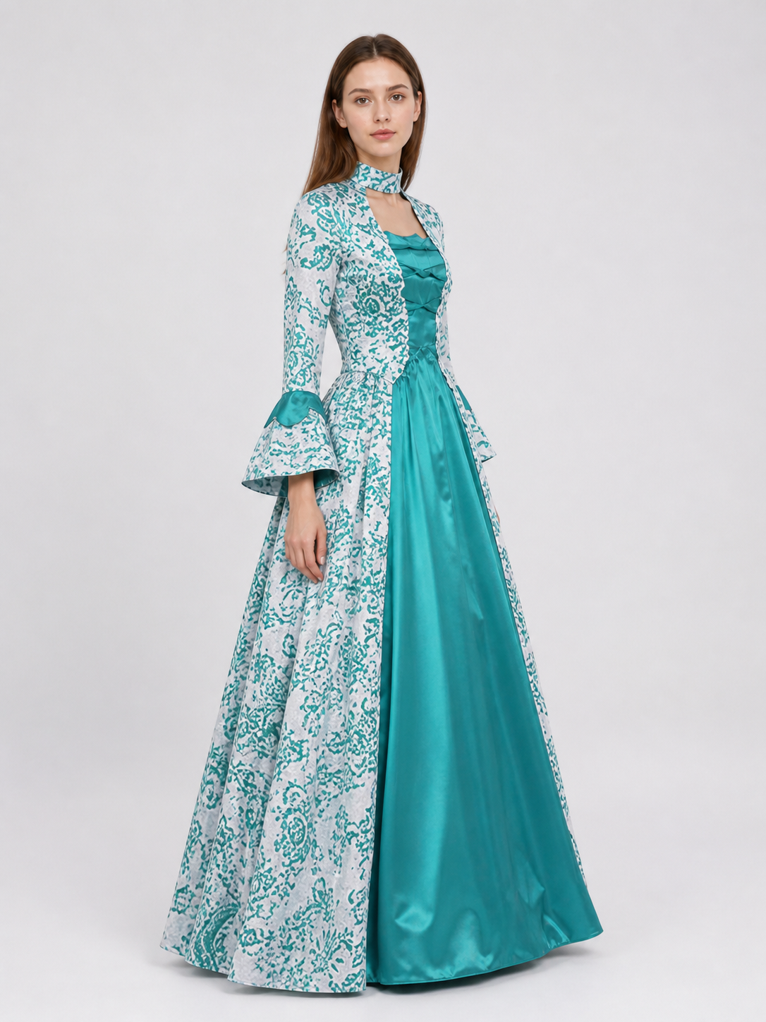 Long Dress with Pattern and Flared Sleeves