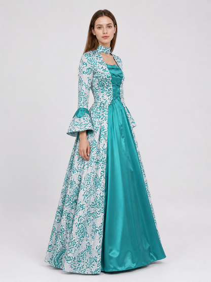 Long Dress with an Ornamental Pattern and Flared Sleeves